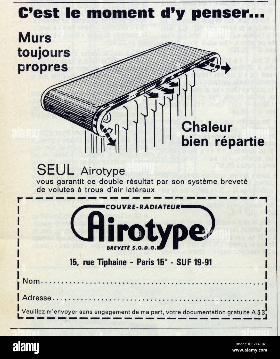 Publicité ancienne. 1963. COUVRE-RADIATEUR AIROTYPE Banque D'Images