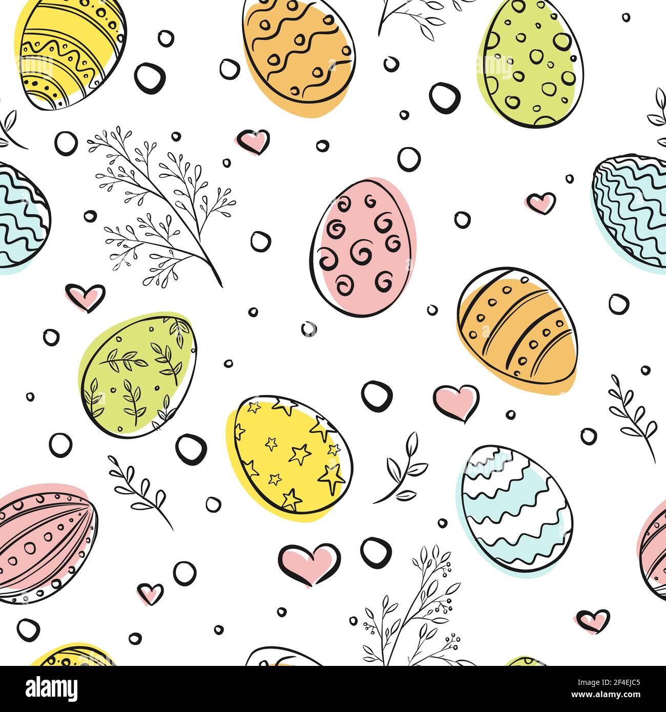 Œufs de Pâques à motif coloré sans couture. Ornement répété joyeuses Pâques avec éléments décoratifs floraux. Arrière-plan des fêtes de Pâques pour l'impression, le papier peint ou le tissu. Motif Doodle. Illustration vectorielle Illustration de Vecteur
