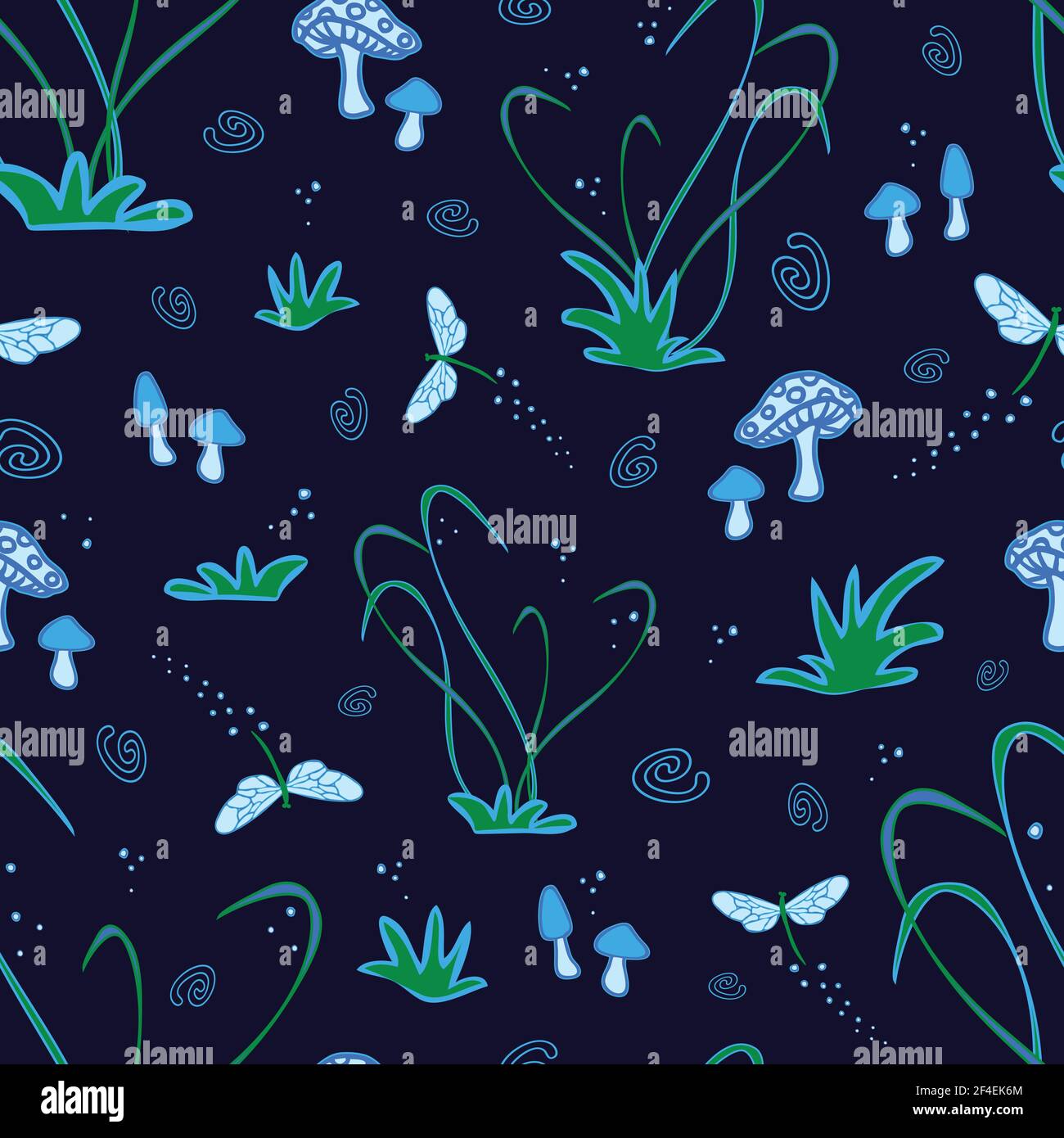 Motif vectoriel sans couture avec libellule et champignons sur fond bleu. Papier peint forêt magique bio luminescence. Illustration de Vecteur