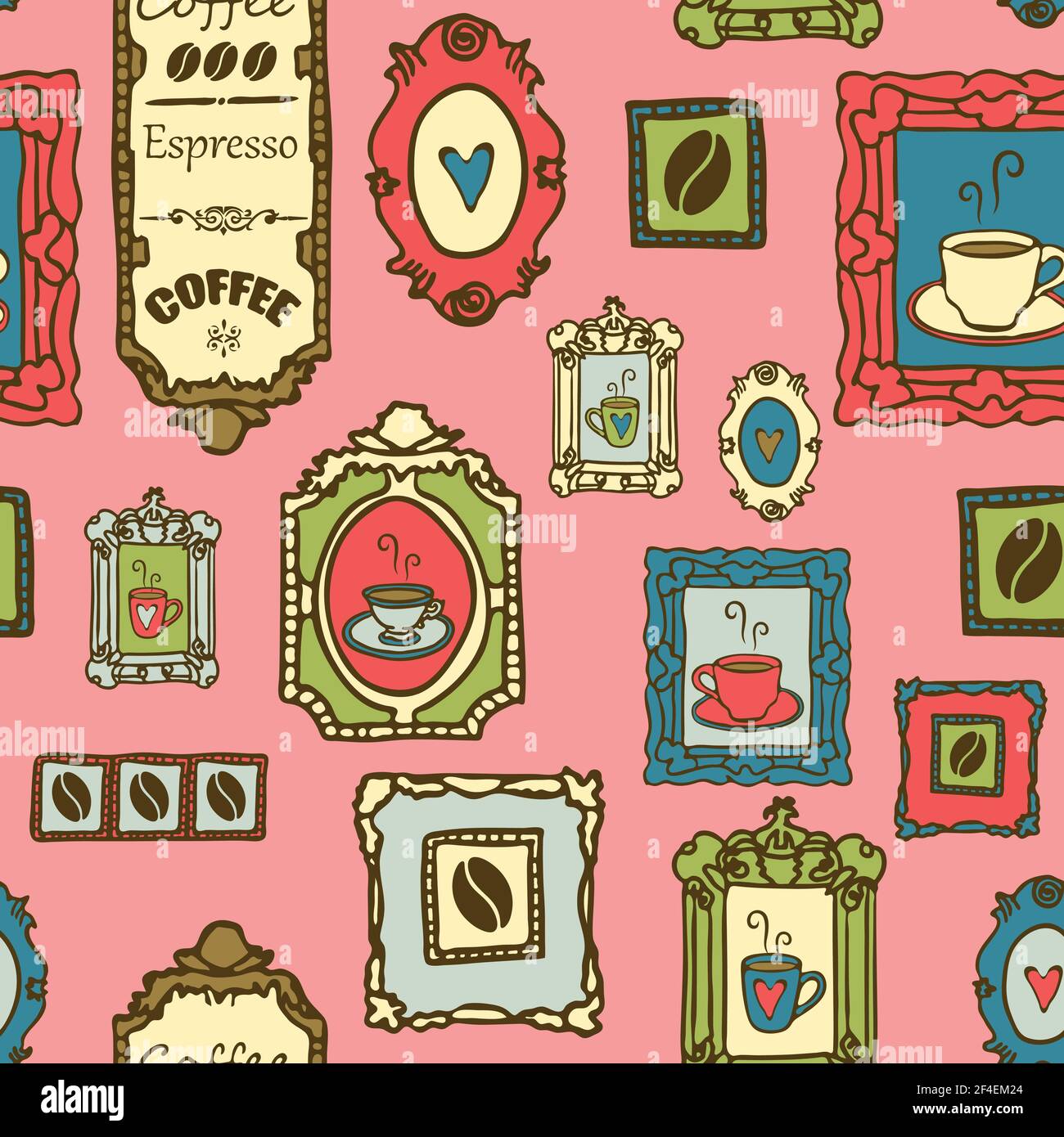 Motif vectoriel transparent avec photos de café sur fond rose pastel. Papier peint Cafe House aux couleurs vives. Illustration de Vecteur Motif vectoriel transparent avec photos de café sur fond rose pastel. Papier peint Cafe House aux couleurs vives. Illustration de Vecteur