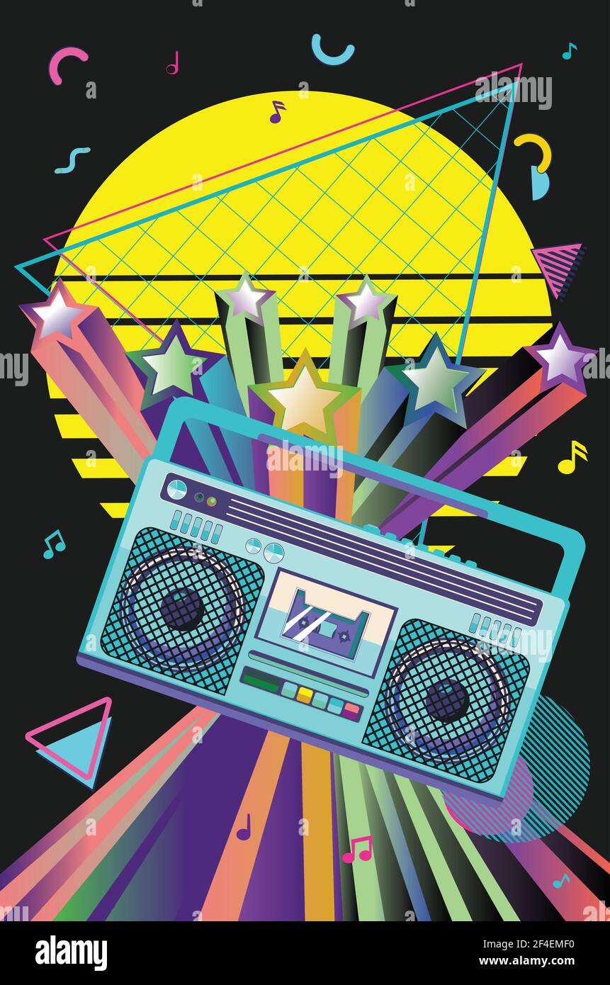 Lecteur de cassettes radio portable Funky 80s, une boombox aux formes géométriques. Illustration de Vecteur