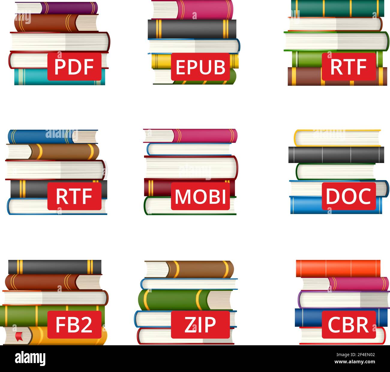 Ensemble d'icônes de formats de fichiers e-book différents - texte, document et archive Illustration de Vecteur