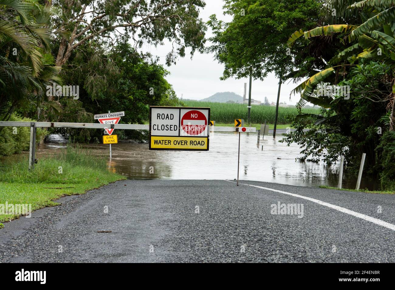 Un panneau d'avertissement indiquant que le pont est sous l'eau et que des inondations ont fermé la route dans le nord tropical du Queensland, en Australie, en raison de fortes pluies. Banque D'Images