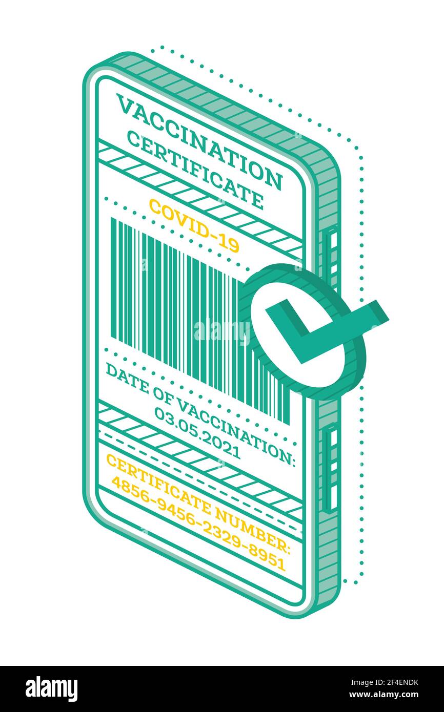 Certificat de vaccination sur l'écran du smartphone avec code-barres. Certificat international isométrique de vaccination. Illustration vectorielle. Santé. Illustration de Vecteur