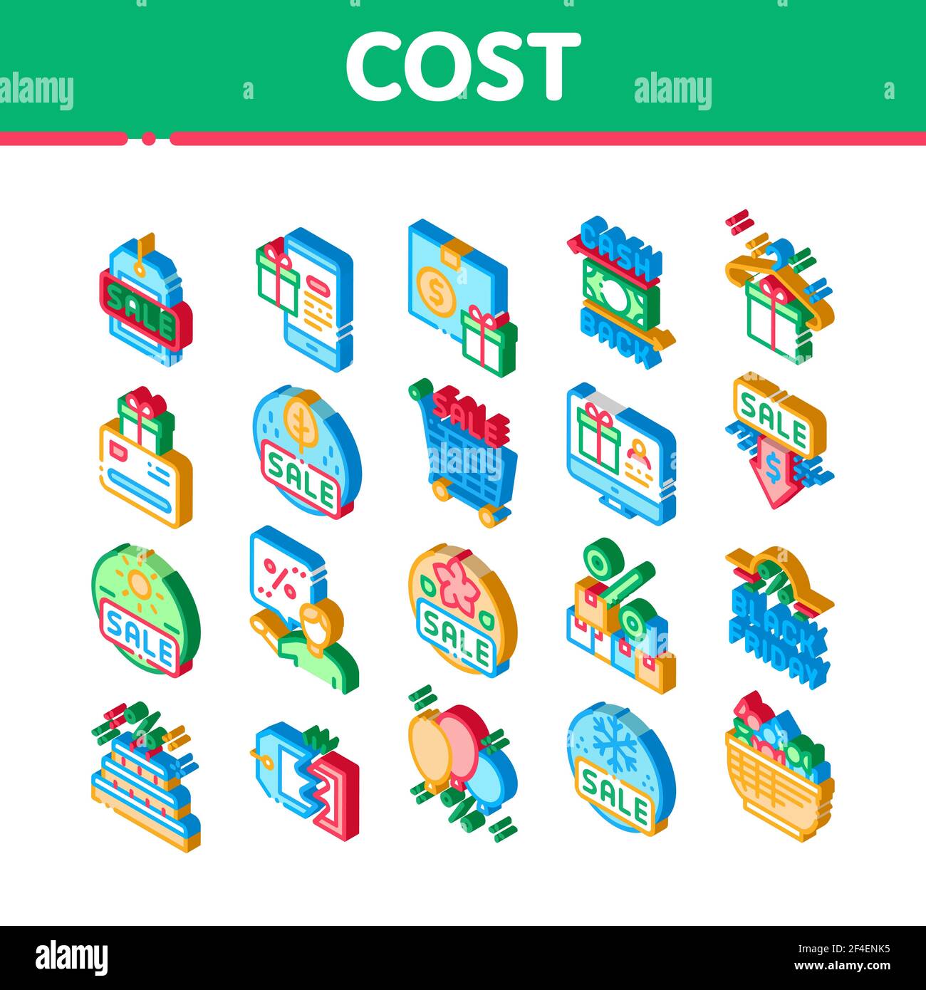 Réduction des coûts Vente Isométrique icônes définir vecteur Illustration de Vecteur