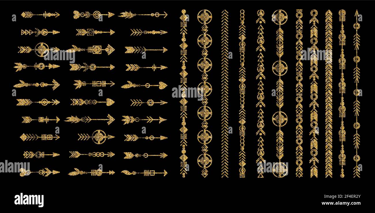 Ensemble de flèches dorées. Collection d'éléments tribaux. Collection de bijoux tendance et géométrique. Éléments de conception vectoriels. Illustration de Vecteur