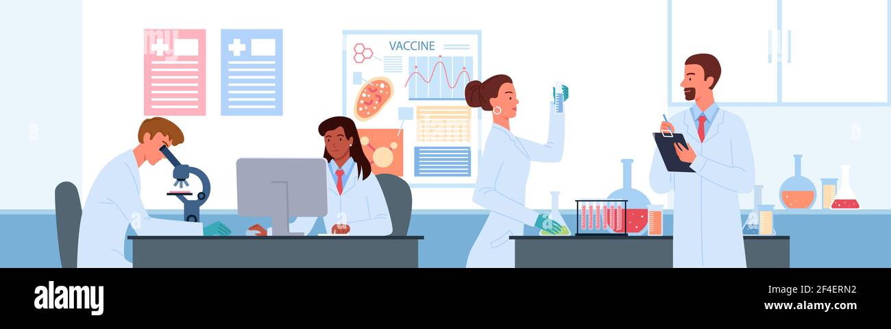 Les gens travaillent dans la science du développement de vaccins illustration de vecteur de laboratoire. Caricature homme femme scientifique personnages développer un vaccin pour le coronavirus Illustration de Vecteur Les gens travaillent dans la science du développement de vaccins illustration de vecteur de laboratoire. Caricature homme femme scientifique personnages développer un vaccin pour le coronavirus Illustration de Vecteur