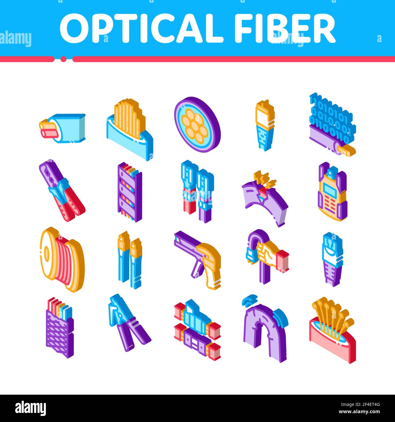 Câble à fibre optique Isométrique icônes Set Vector Illustration de Vecteur