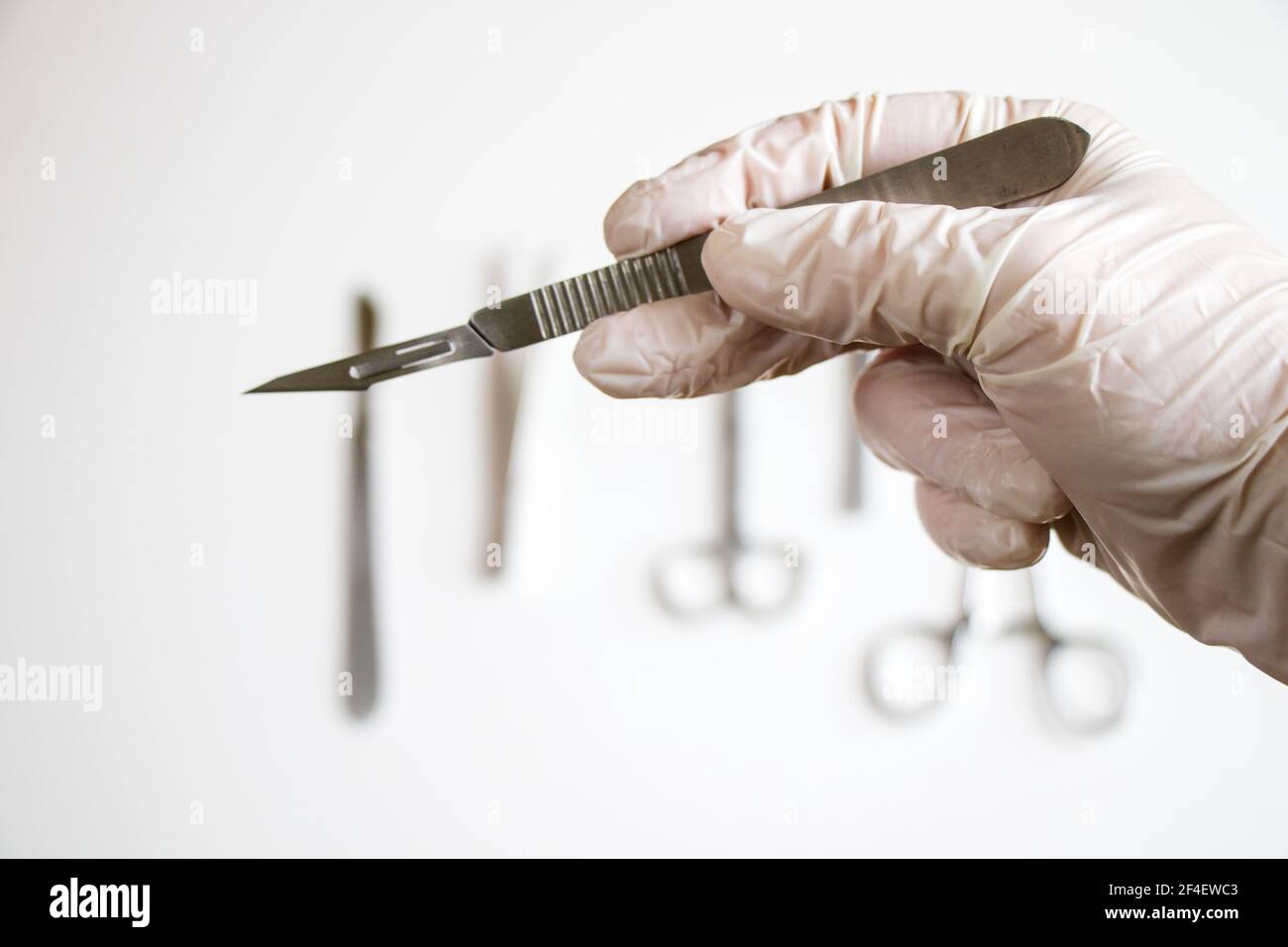Une main de médecin avec un gant tenant une lame chirurgicale Banque D'Images