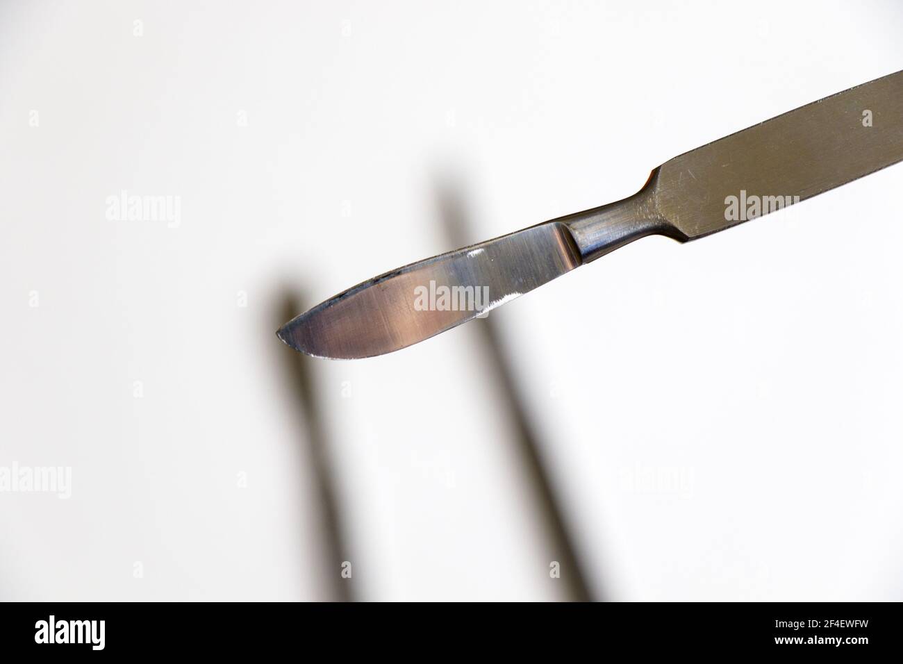 Une lame chirurgicale sur fond blanc stérile Banque D'Images