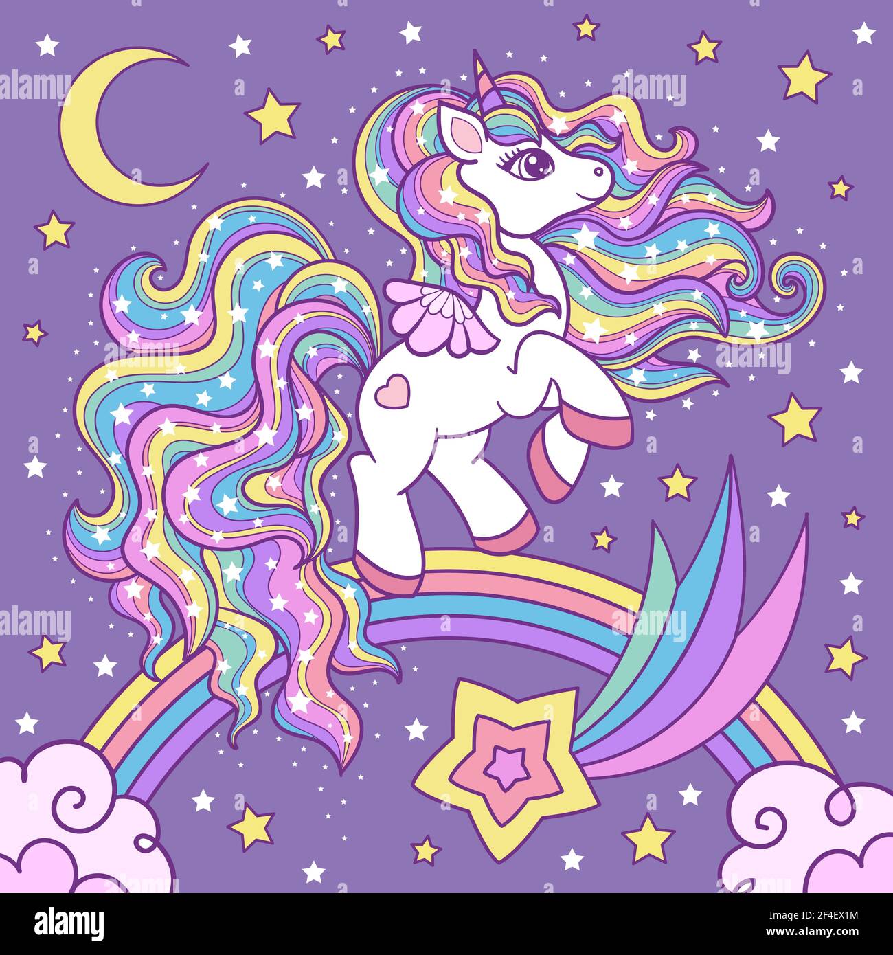 Jolie licorne blanche sur un arc-en-ciel parmi les étoiles. Animal fantaisie. Vecteur Illustration de Vecteur
