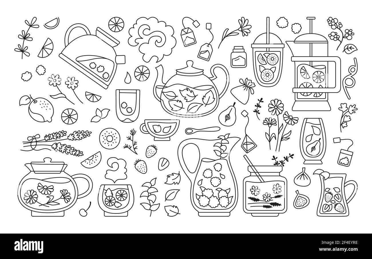 Tasse de thé et cocktails ensemble ligne noire. Concept de fête sur la plage, été dessiné à la main pour poster, menu. Tasse thé temps thé théière herbes, fruits, ingrédients pour les boissons. Illustration vectorielle tendance au design plat Illustration de Vecteur