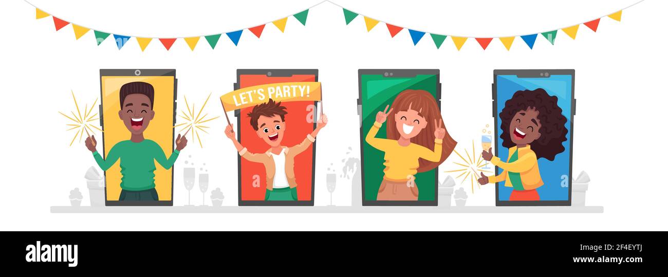 Ensemble De Personnes Diverses Hommes Et Femmes A Leur Maison Celebrant Le Nouvel An Noel Anniversaire Sur Chat Video Image Vectorielle Stock Alamy