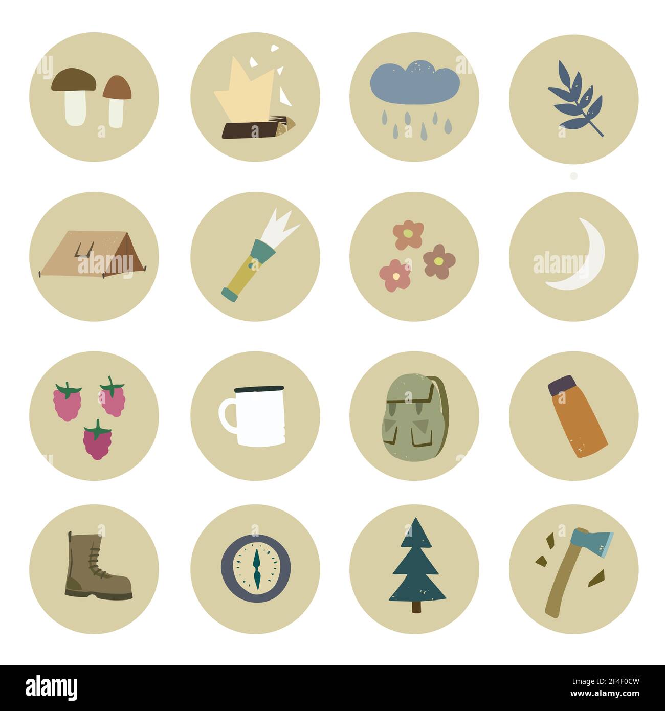 Ensemble d'icônes en forme de cercle dessinées à la main avec équipement de camping et de randonnée et éléments de nature forestière, arbres et baies. Illustration de Vecteur