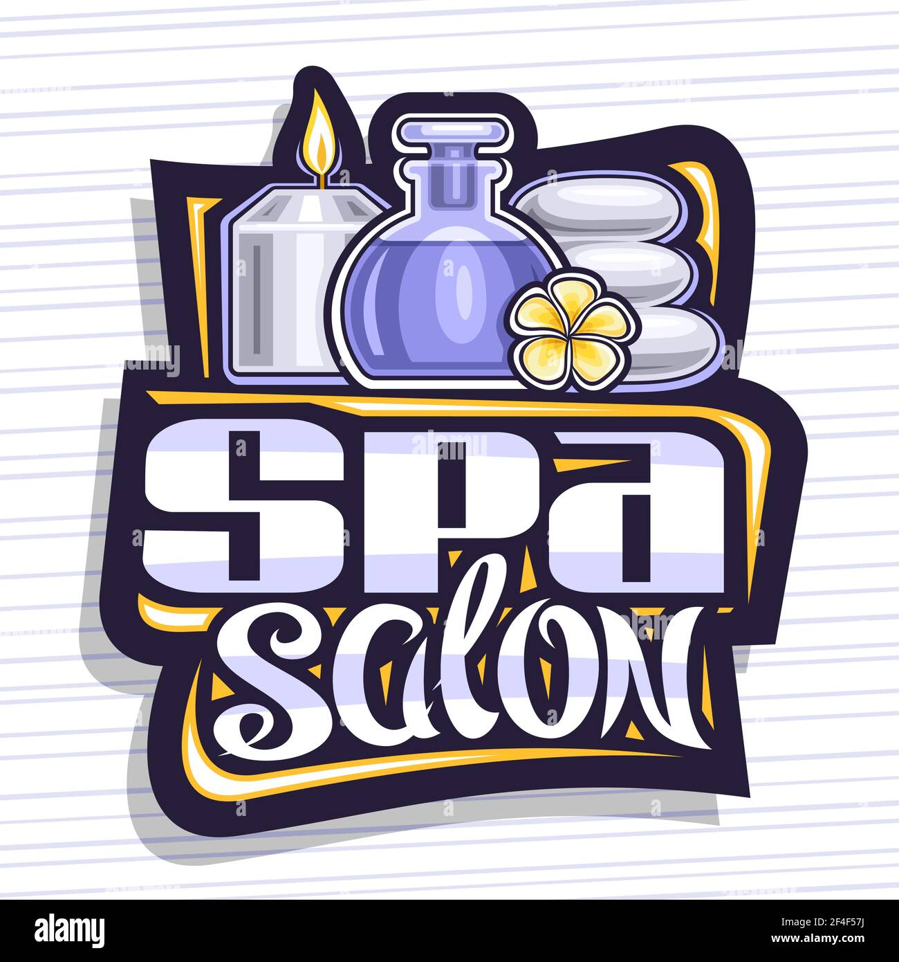 Logo Vector pour Spa salon, panneau décoratif avec illustration de bougie allumée et bouton jaune frangipani, étiquette noire avec pinceau unique l Illustration de Vecteur