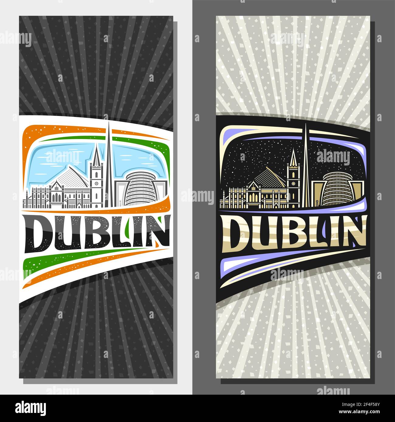 Mises en page verticales vectorielles pour Dublin, flyers décoratifs avec illustration du paysage urbain européen de dublin sur fond de ciel de jour et de crépuscule, design artistique touri Illustration de Vecteur
