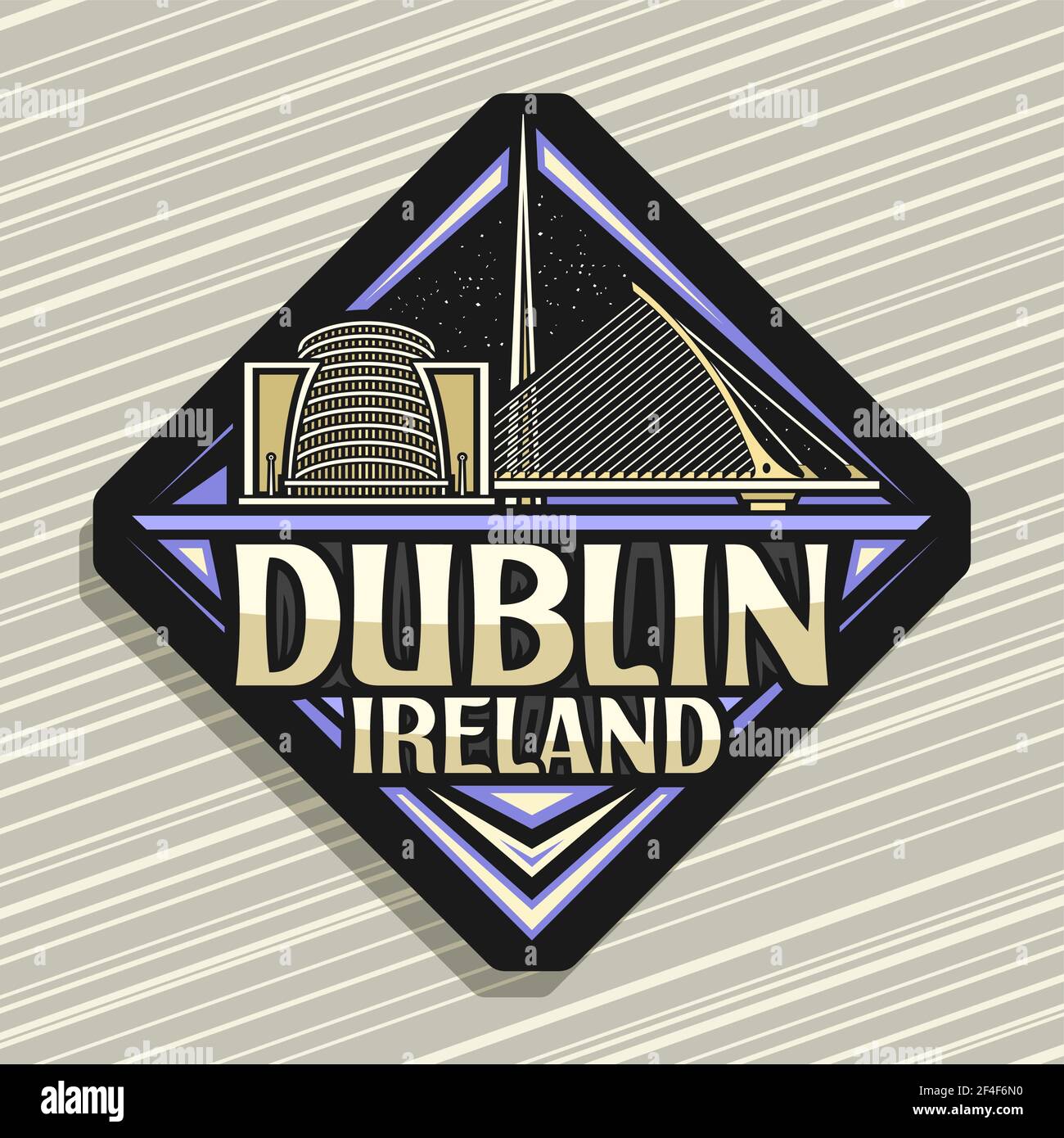 Logo Vector pour Dublin, panneau de route rhombus sombre avec illustration de l'horizon de la ville européenne de dublin sur fond de ciel crépuscule, réfrigérateur décoratif magne Illustration de Vecteur