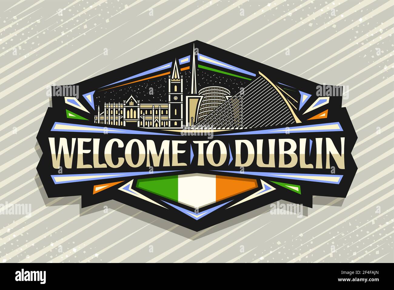 Logo Vector pour Dublin, étiquette décorative noire avec illustration du paysage de la ville européenne de dublin sur fond de ciel crépuscule, art design touriste réfrigérateur aimant Illustration de Vecteur