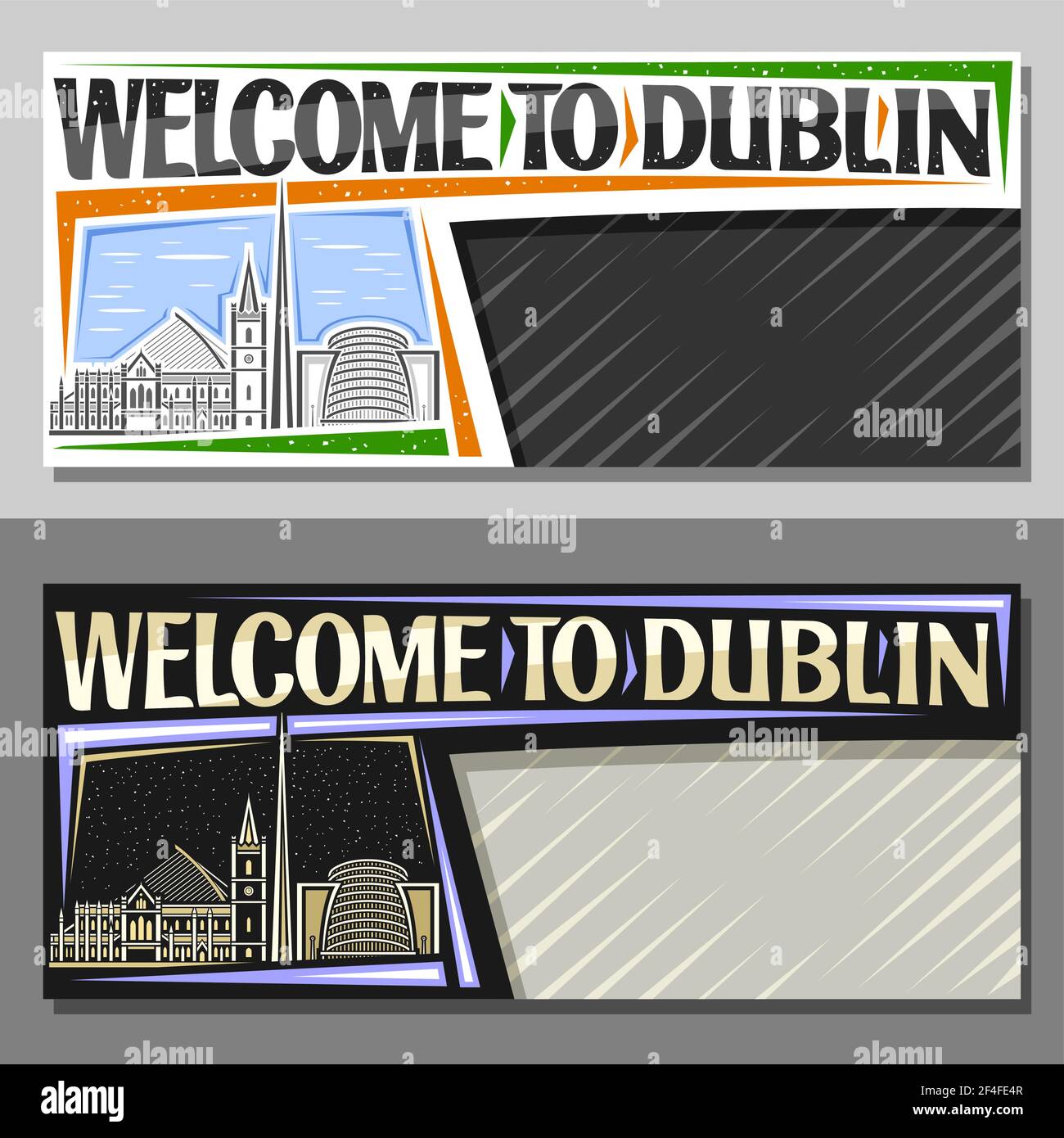 Mises en page vectorielles pour Dublin avec espace de copie, bon décoratif avec illustration du paysage urbain européen de dublin sur fond de ciel de jour et de crépuscule, art desi Illustration de Vecteur
