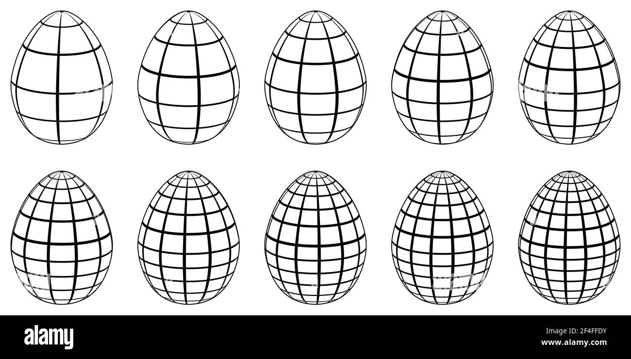 Ensemble d'œufs 3d avec lignes horizontales et verticales, méridiens et parallèles, œufs 3D vectoriels stylisés comme globe Illustration de Vecteur