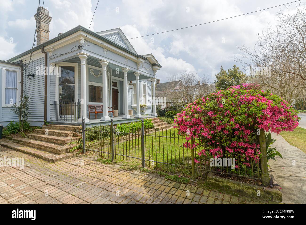 Historique Colonial Revival Uptown New Orleans maison des années 1890 et arbustes d'azalée en fleurs Banque D'Images