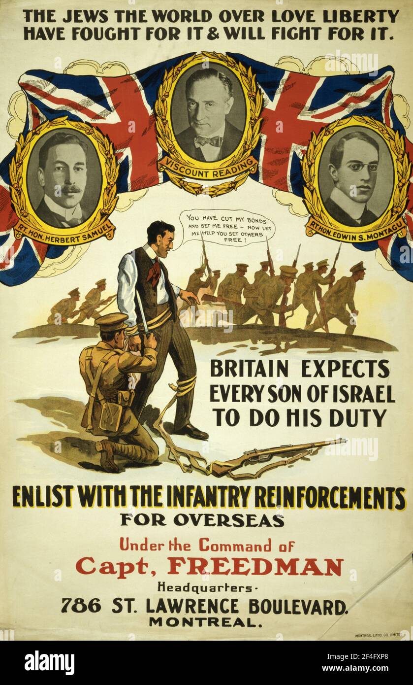 Une affiche de recrutement canadienne pour la première guerre mondiale qui appelle les Juifs pour s'inscrire Banque D'Images