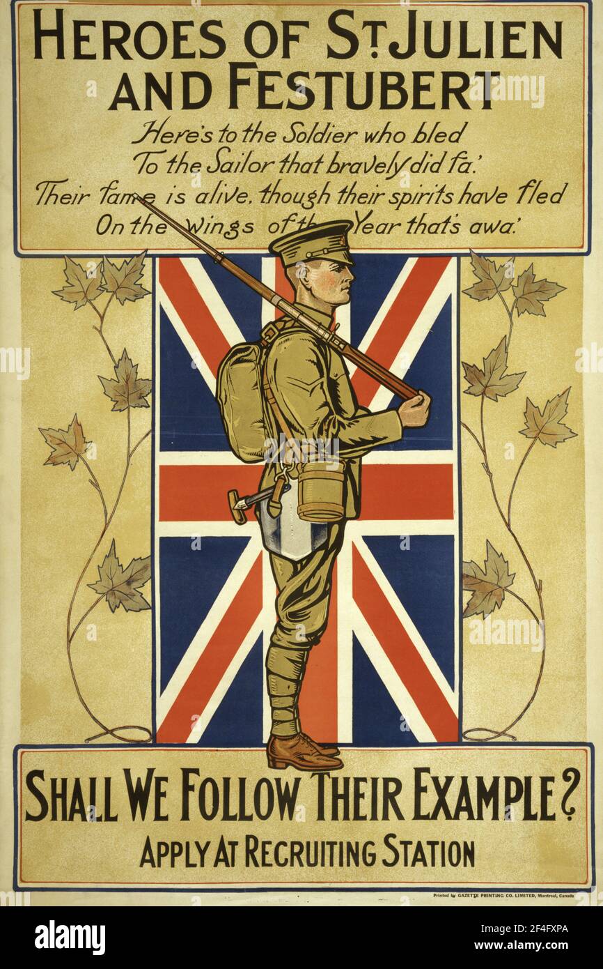 Une première affiche de recrutement canadienne pour la guerre mondiale qui invite les Canadiens français à s'enrôler, en souvenir des héros de St Julien et de Festubert Banque D'Images