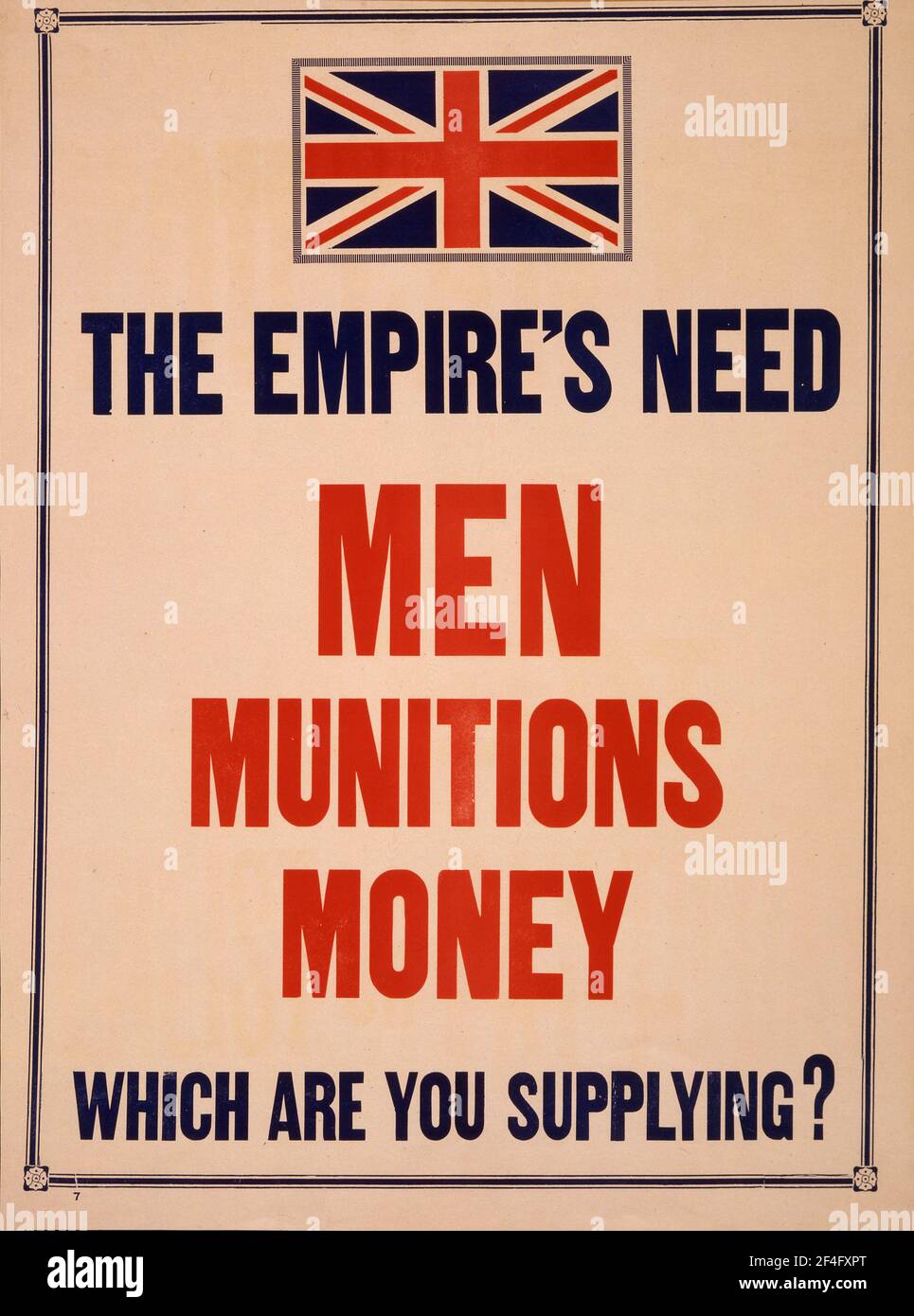 Une affiche de recrutement canadienne pour la première guerre mondiale disant l'Empire Besoins hommes munitions argent - ce que vous fournissez Banque D'Images