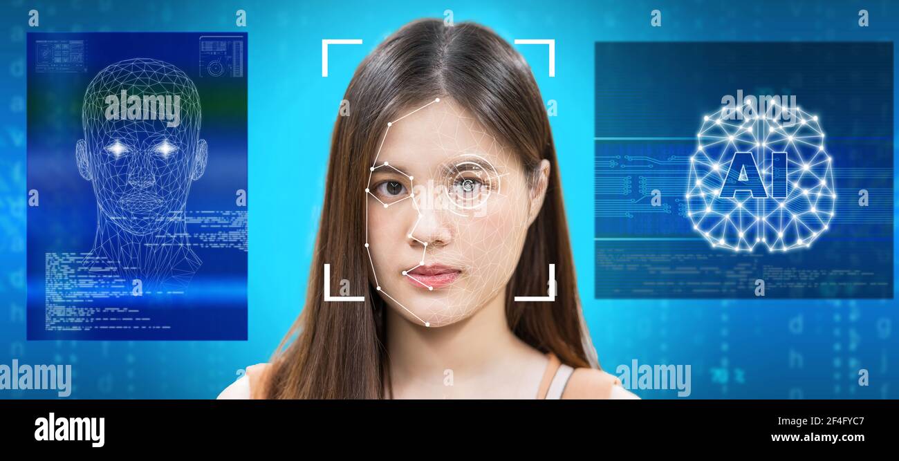Concept de surveillance et de sécurité, les femmes asiatiques utilisant la technologie de détection des visages et de reconnaissance faciale avec la plate-forme ai et cerveau pour l'autorisation d'accès Banque D'Images