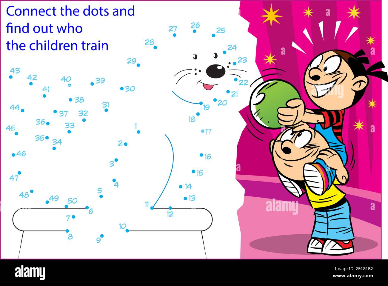 L'illustration vectorielle montre un puzzle où il est nécessaire pour connecter les points afin de savoir qui les enfants s'entraînent dans le cirque Illustration de Vecteur