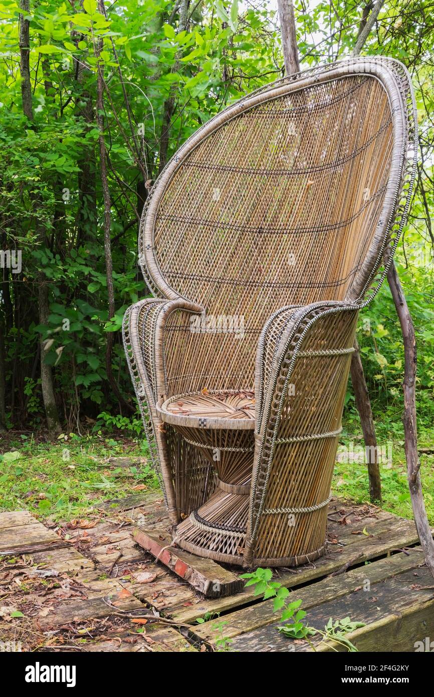 Fauteuil en osier chic sur une ancienne plate-forme en bois dans une zone forestière de jardin résidentiel à la fin de l'été Banque D'Images