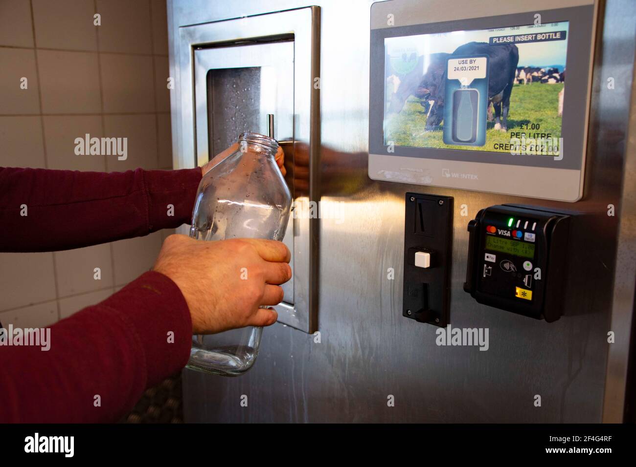 Fishguard, Pembrokshire, pays de Galles, Royaume-Uni. 21 mars 2021 les locaux et les touristes collectant du lait à la ferme libre-service à partir de distributeurs automatiques aider les agriculteurs locaux crédit: Debra Angel/Alamy Live News Banque D'Images