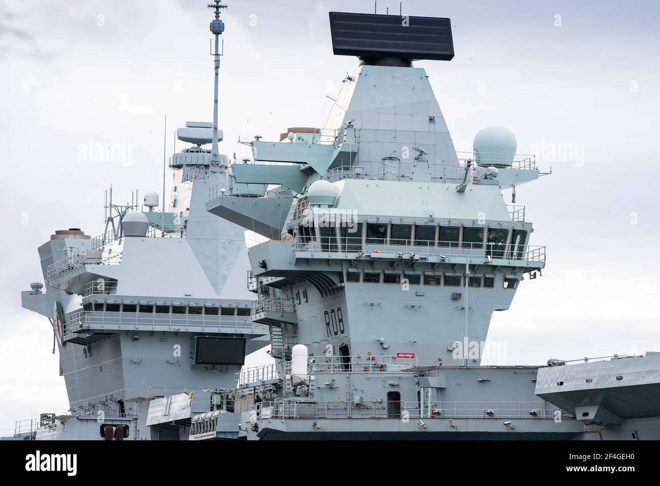 Détail du porte-avions de la Royal Navy HMS Queen Elizabeth amarré à Glenmallan sur Loch long, Argyll et Bute (Écosse) Banque D'Images