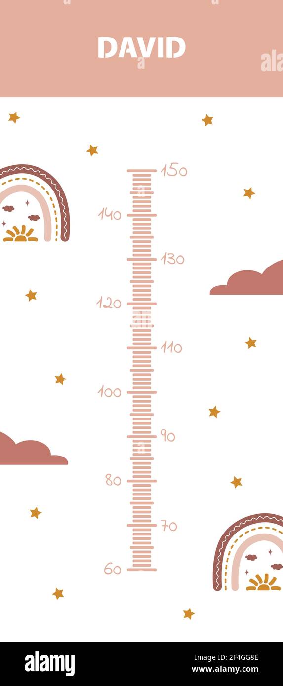 Tableau des hauteurs pour enfants. Mur du mètre avec un joli boho arc-en-ciel. Illustration vectorielle en style de dessin animé Doodle. Graphique de croissance puérile. Modèle d'affiche pour la pépinière Illustration de Vecteur