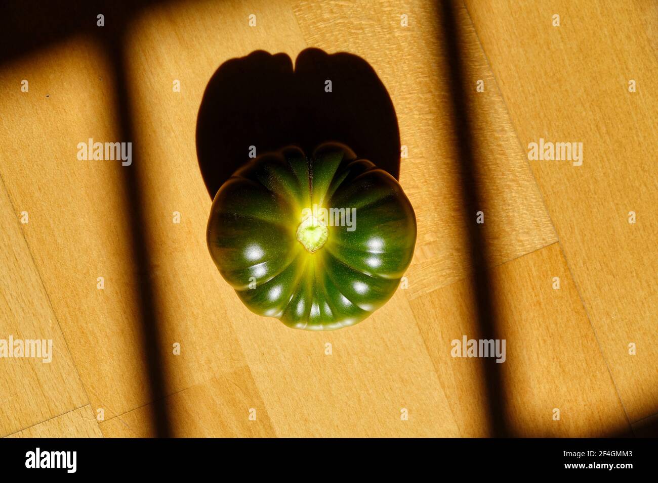 Détail d'une délicieuse tomate verte de marmande illuminée par lumière du soleil Banque D'Images