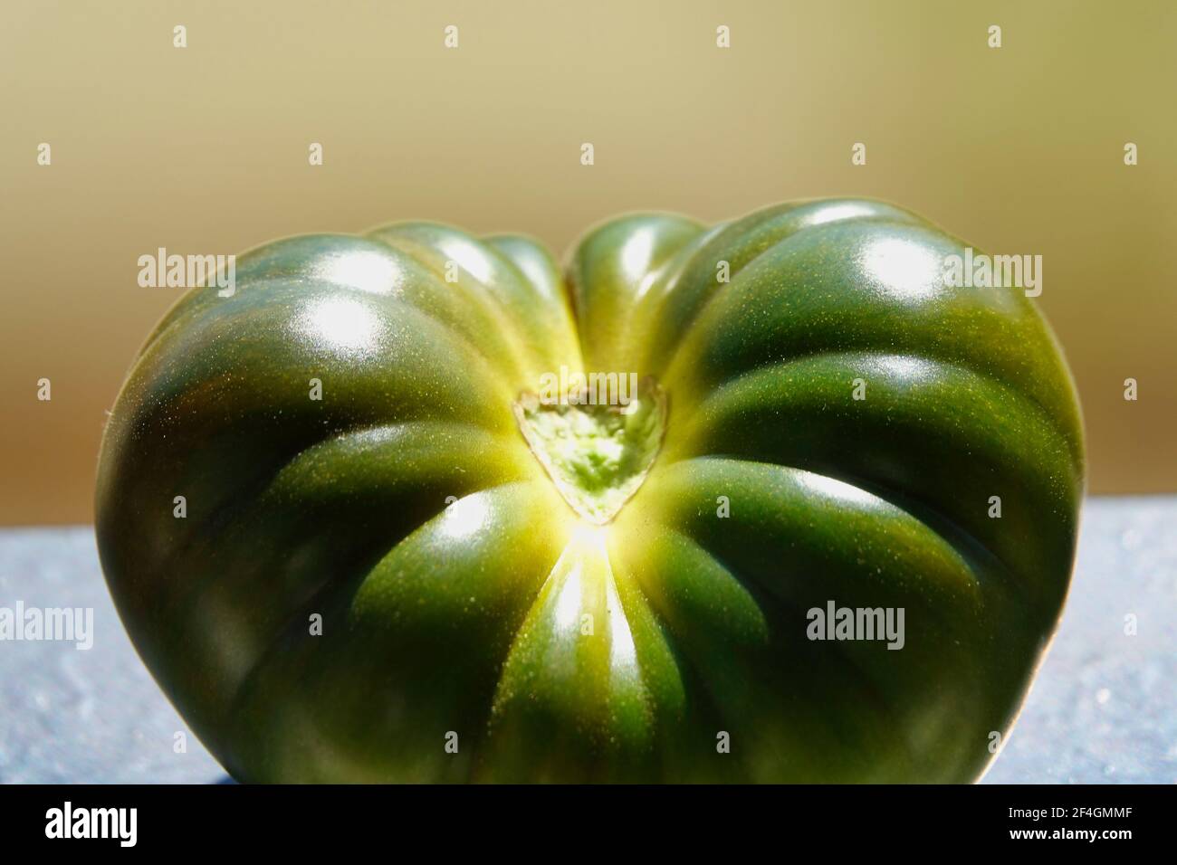 Détail d'une délicieuse tomate verte de marmande illuminée par lumière du soleil Banque D'Images