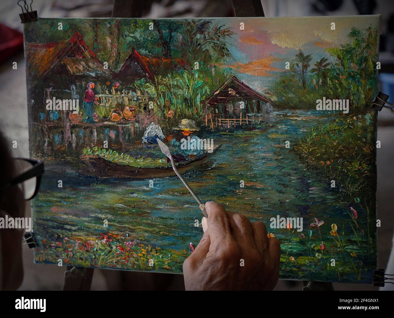 ,peinture d'art ,huile, couleur ,vie quotidienne , Thaïlande , campagne , marché flottant Banque D'Images