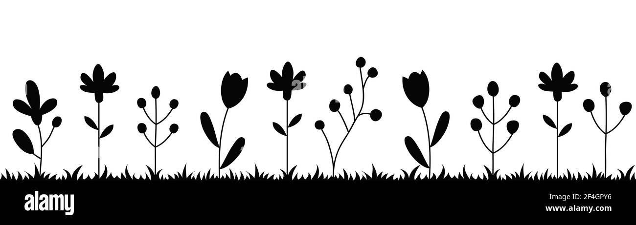 Silhouettes noires de fleurs et d'herbe. Isolé sur fond blanc. Banque D'Images