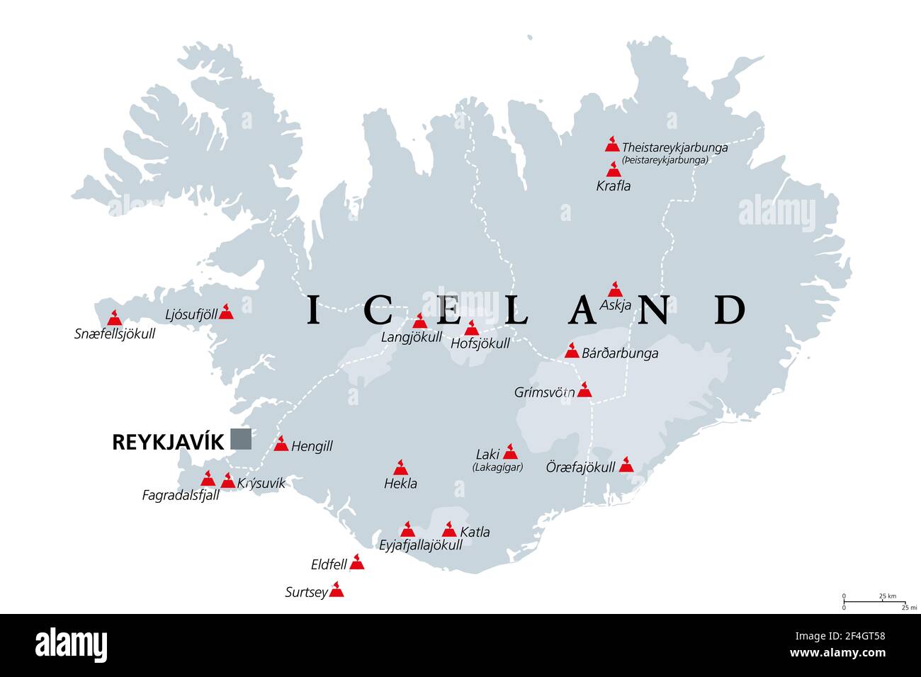Volcans d'Islande qui ont éclaté depuis la colonisation humaine, carte politique. Dix-huit volcans représentés sur la carte grise de l'Islande, avec des glaciers et des régions. Banque D'Images