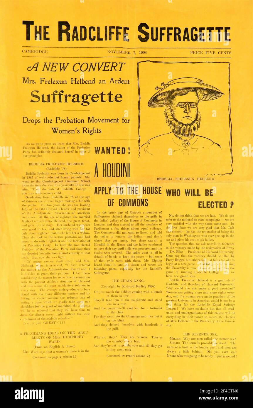Journal satirique, mocking the suffrage movement and Radcliffe Women, publié par des étudiants de Harvard à Cambridge, Massachusetts, pour le marché américain, 7 novembre 1908. Photographie par Emilia van Beugen. () Banque D'Images