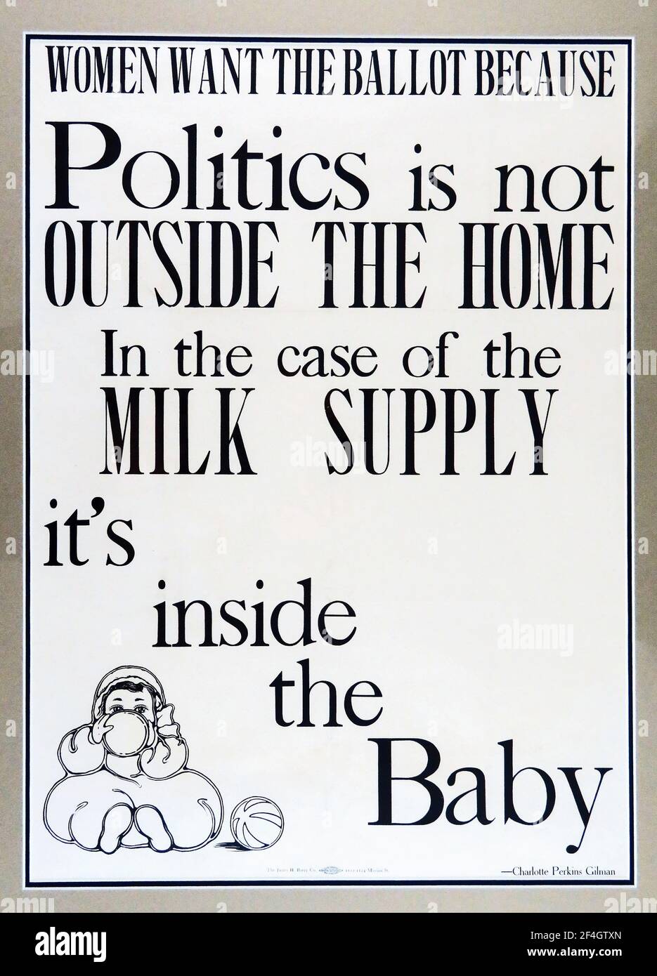 Affiche Avec Une Illustration D Un Lait Pour Bebe Avec Une Citation De Charlotte Perkins Gilman Reliant Le Suffrage Au Bien Etre Des Enfants Et A La Purete De L Approvisionnement En Lait Imprimee Pour