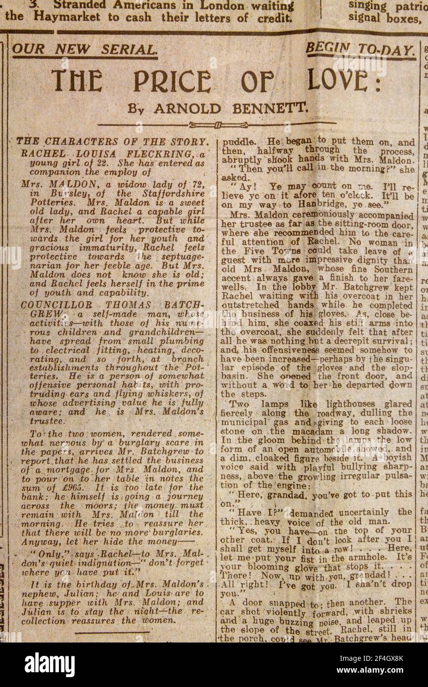 Court article/série « The Price of Love » d'Arnold Bennett dans le Daily News & Reader du 5 août 1914. Banque D'Images