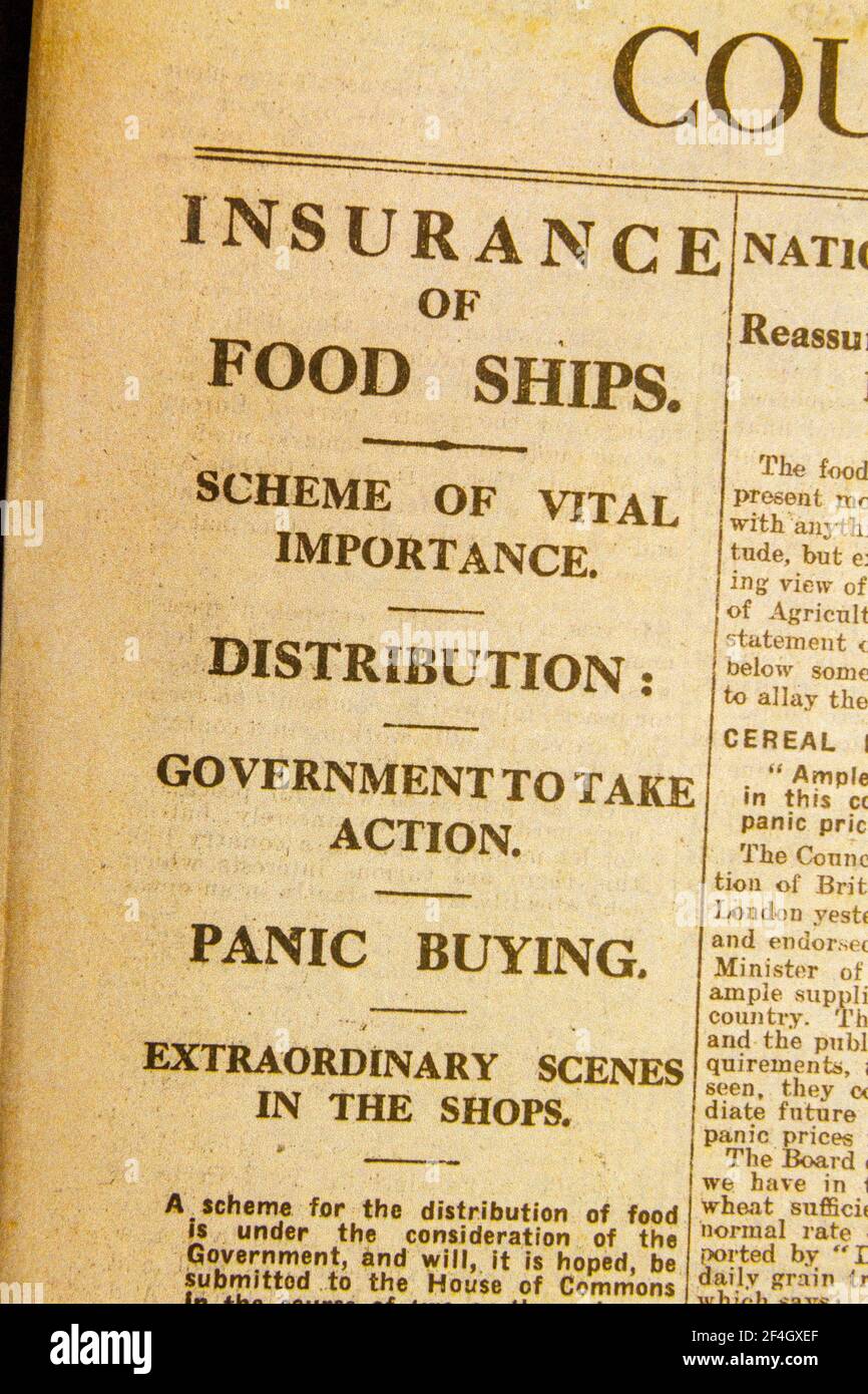 Le titre « Insurance of Food Ships » rapporte que le gouvernement prendra des mesures pour contrôler la distribution alimentaire, Daily News & Reader, le 5 août 1914. Banque D'Images
