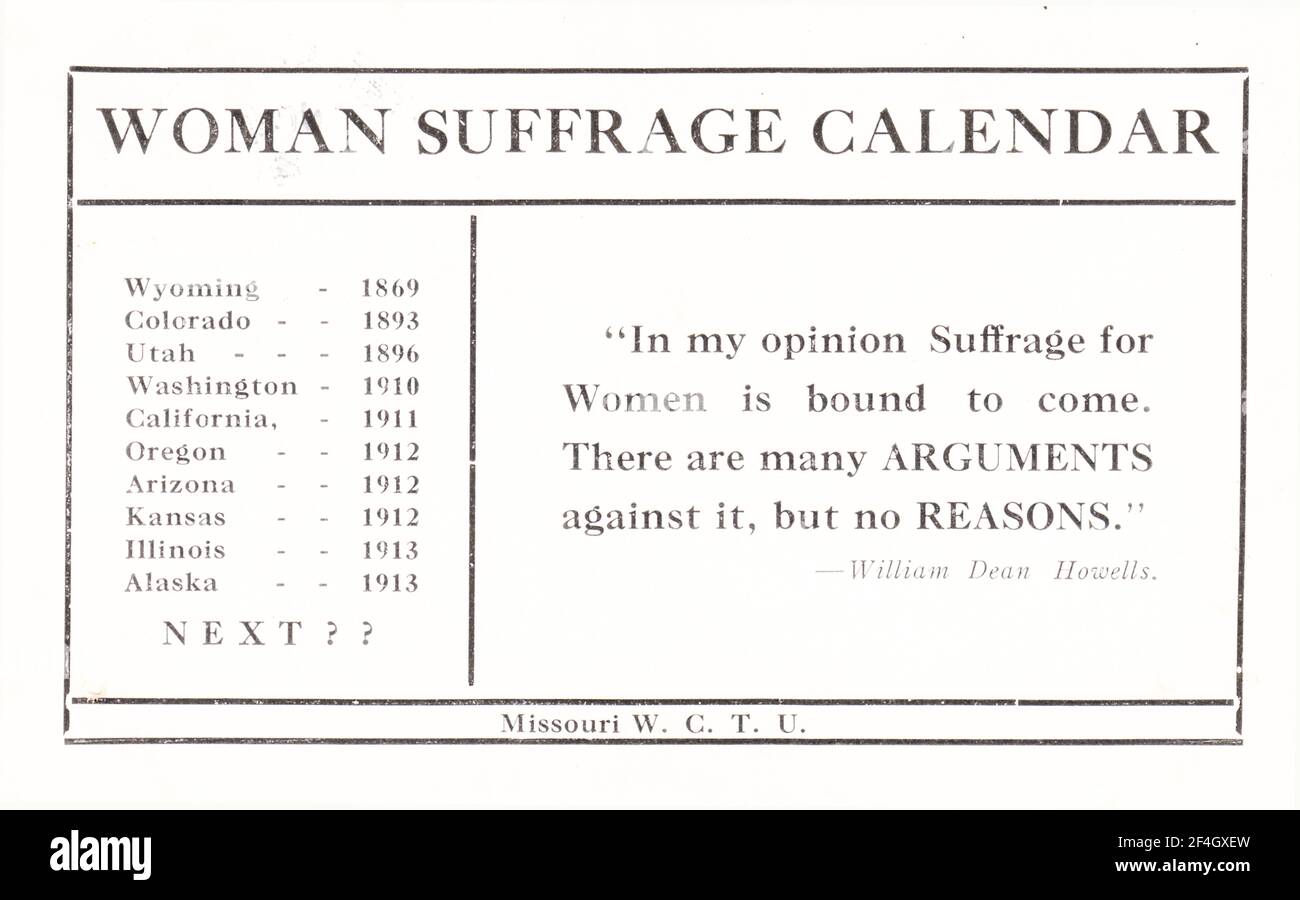 Le Suffrage De Carte Postale Avec Une Citation De William Dean Howells Et Un Calendrier Enumerant Les Dix Etats Et Territoires Qui Avaient Accorde Le Droit De Vote Complet Aux Femmes Publie
