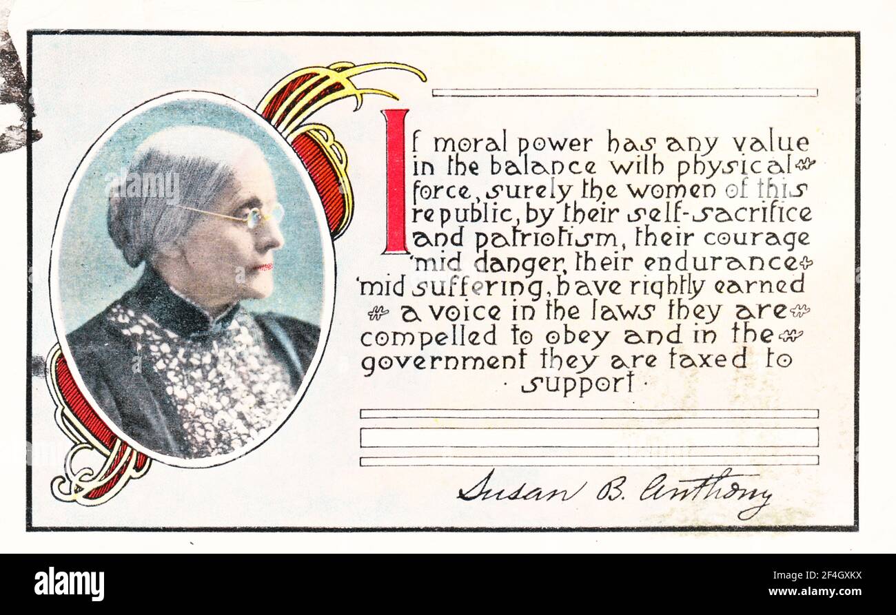 Le Suffrage De Carte Postale Avec Un Portrait De Profil De Susan B Anthony Suffragiste Et Reformateur Social Et Une Citation Faisant La Promotion Des Droits Des Femmes Publiee Par Mlle A E