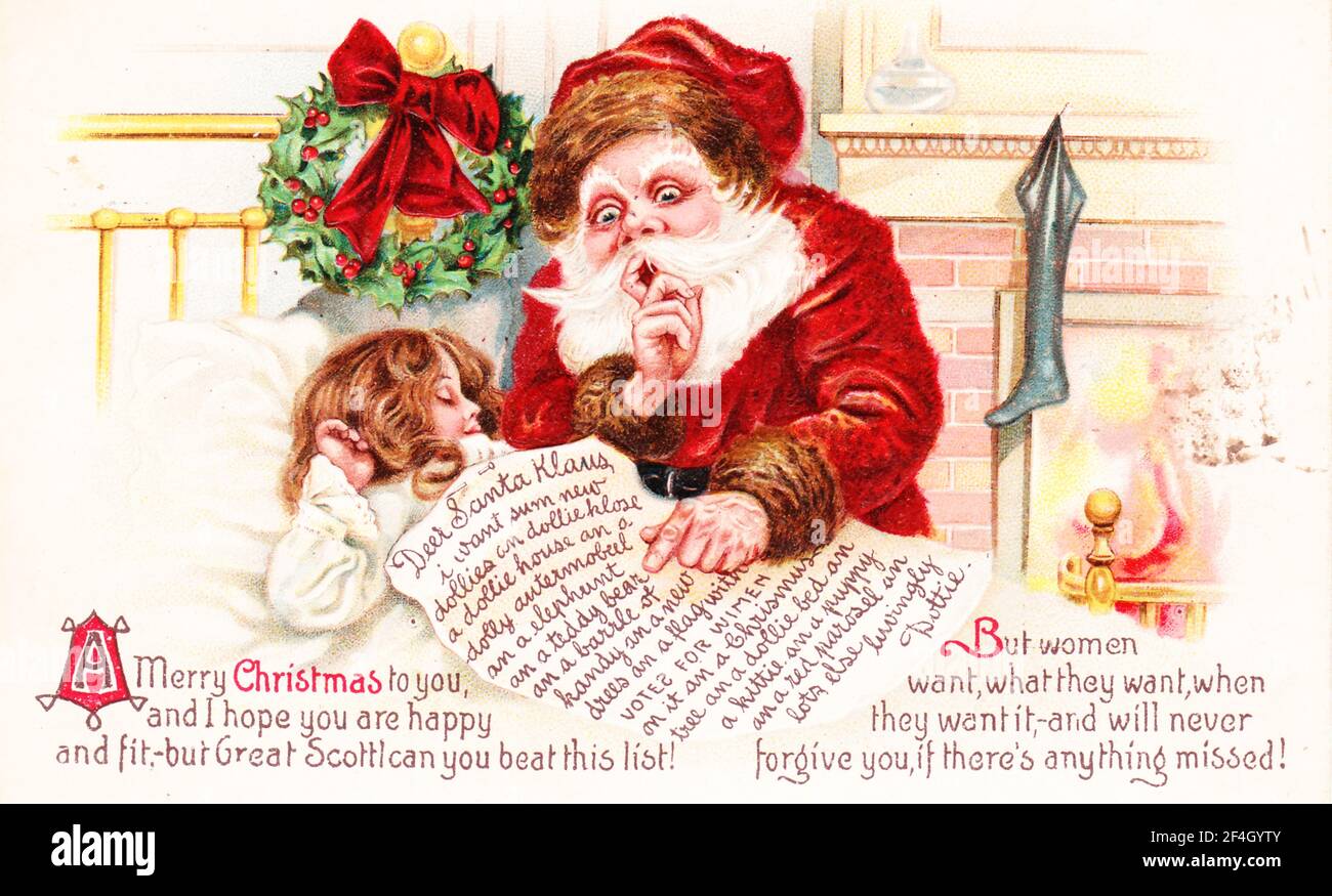 Carte Postale De Noel Representant Un Pere Noel Perplexe Qui Lit La Liste De Noel Complete D Une Fille Endormie Qui Comprend Des Mensonges Un Ours En Peluche Et