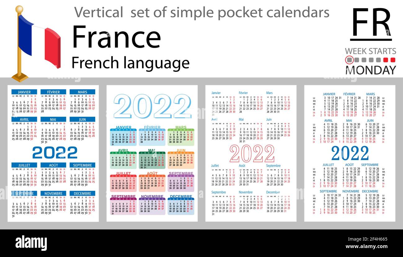 Ensemble vertical français de calendriers de poche pour 2022 (deux mille vingt deux). La semaine commence le lundi. Nouvelle année. Couleur conception simple. Vecteur Illustration de Vecteur