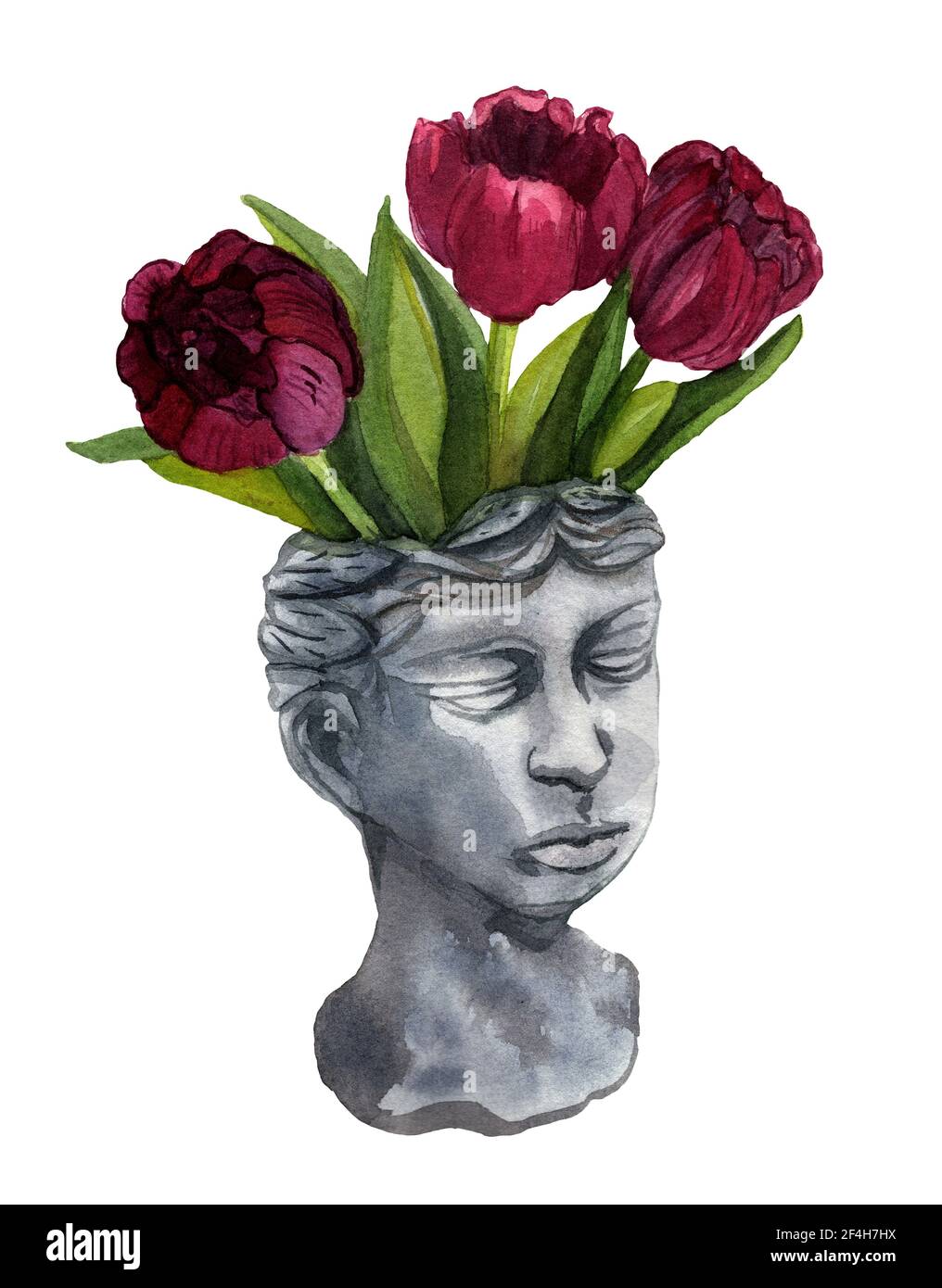 Vase en gypse aquarelle dessiné à la main en forme de tête de fille avec fleurs. Tulipes en bouquet dans un pot antique décoratif isolé sur fond blanc. Pot. D'art. Banque D'Images