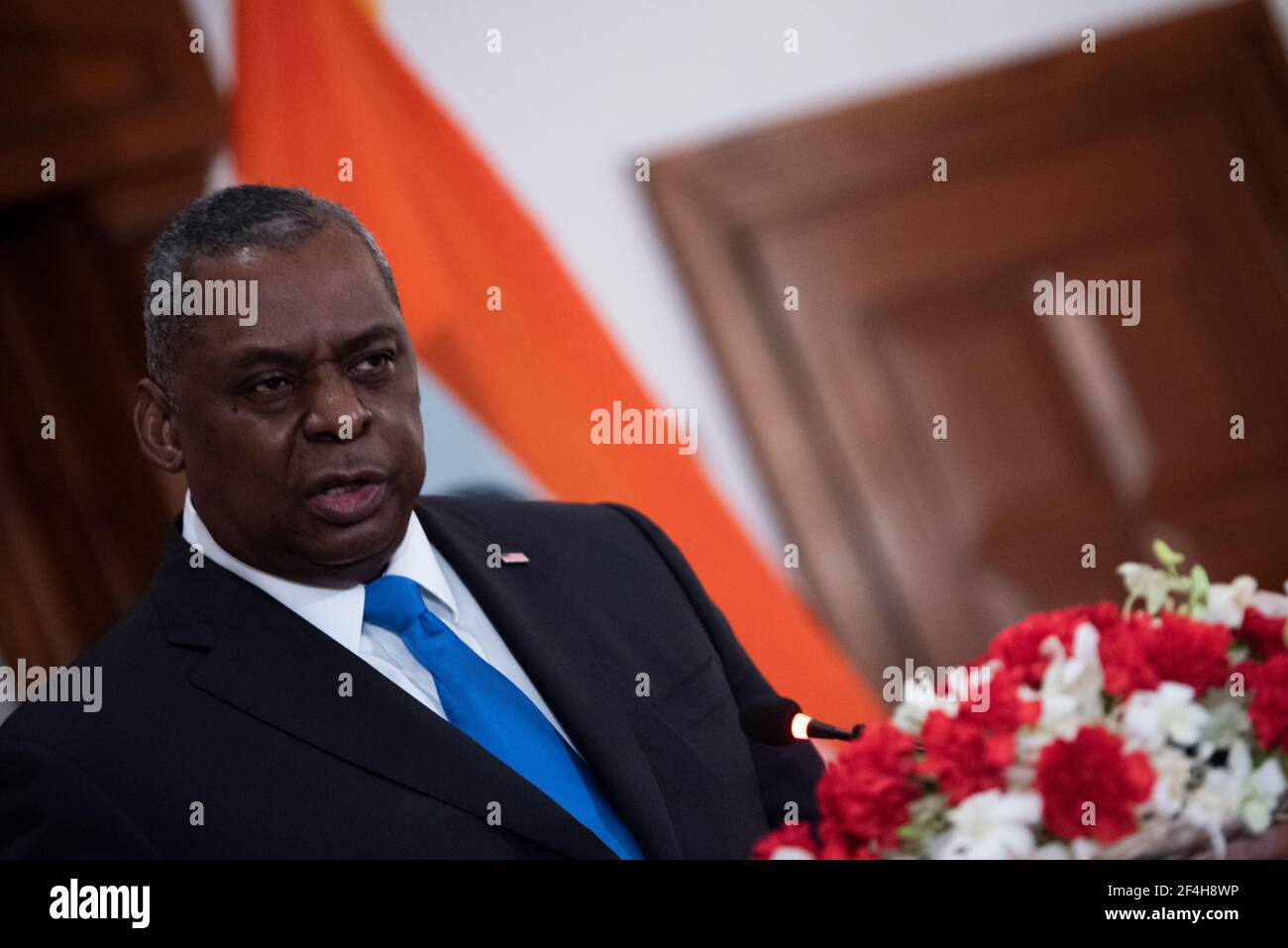 New Delhi, Inde. 20 mars 2021. Le secrétaire américain à la Défense Lloyd J. Austin III lors d'une conférence de presse le 20 mars 2021 à New Delhi, en Inde. Credit: Planetpix/Alamy Live News Banque D'Images