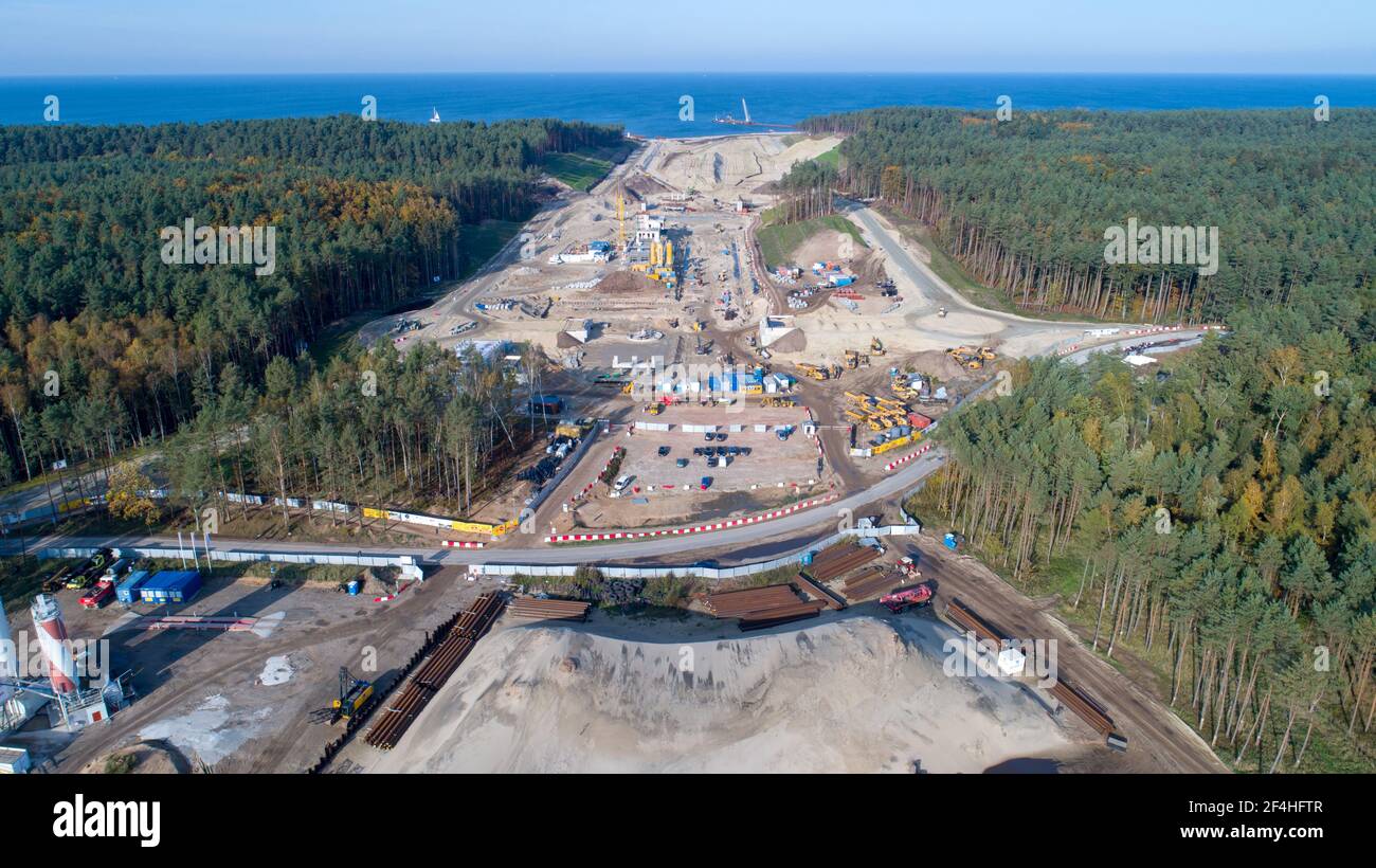 Site de construction du canal Vistule Spit - connexion entre le lagon de Vistule et la baie de Gdańsk de la mer Baltique, Pologne Banque D'Images